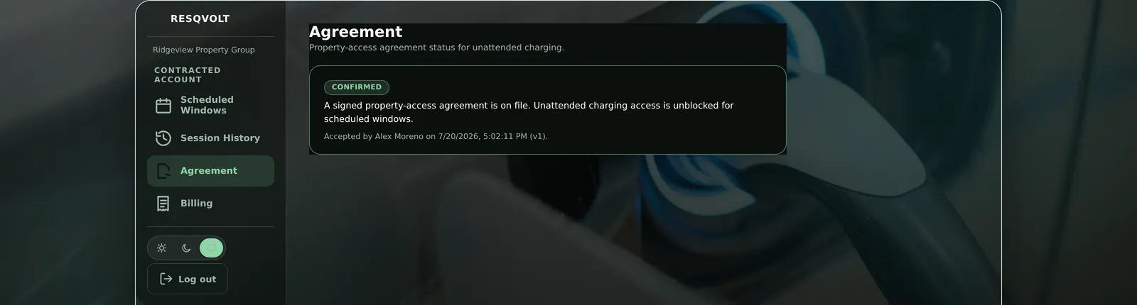 The business portal agreement screen showing a confirmed property-access agreement with the signer's name, the date accepted, and the template version on file