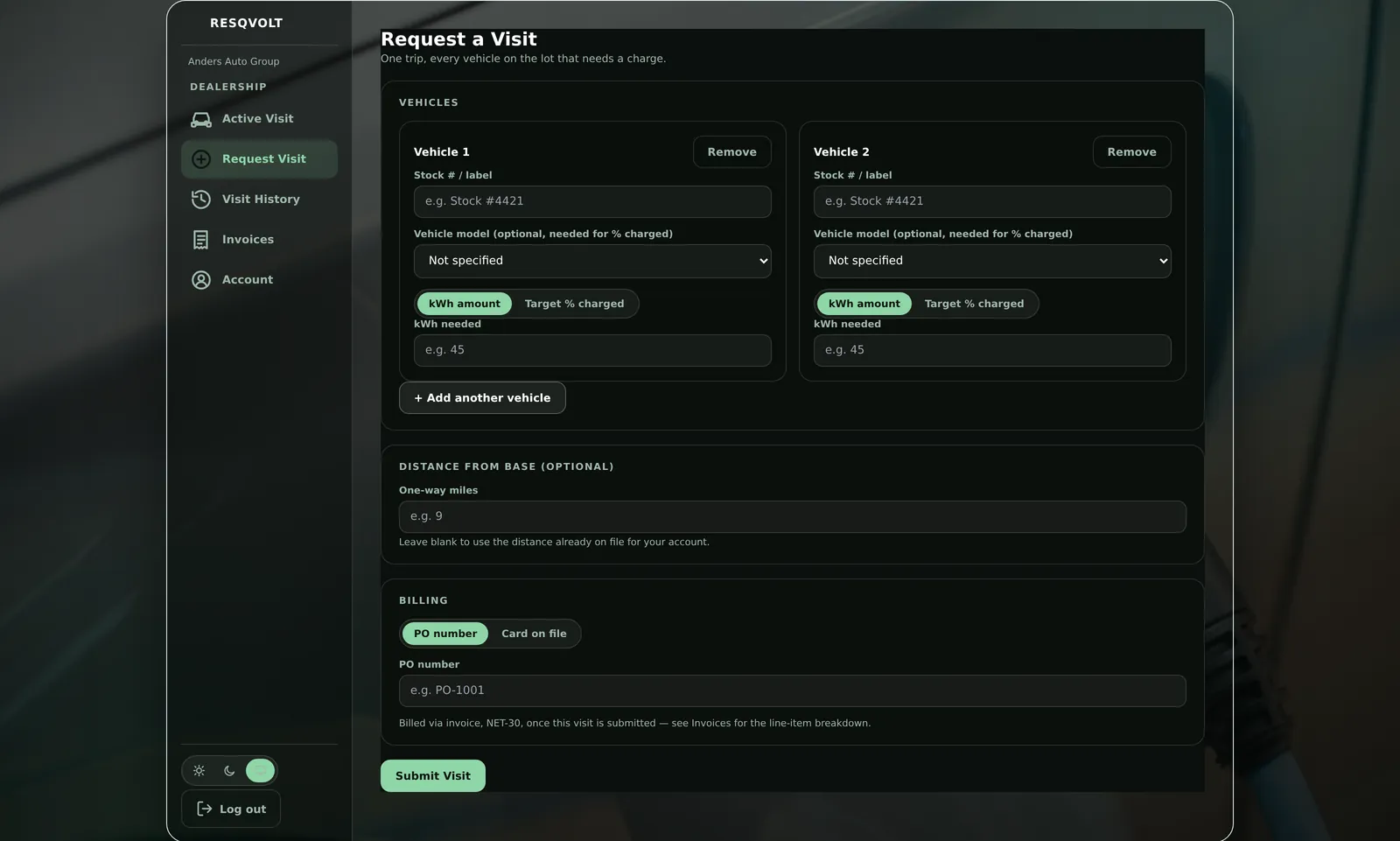 The business portal request-a-visit form: multiple vehicle rows with stock number, model and charge target, plus purchase-order or card-on-file billing options