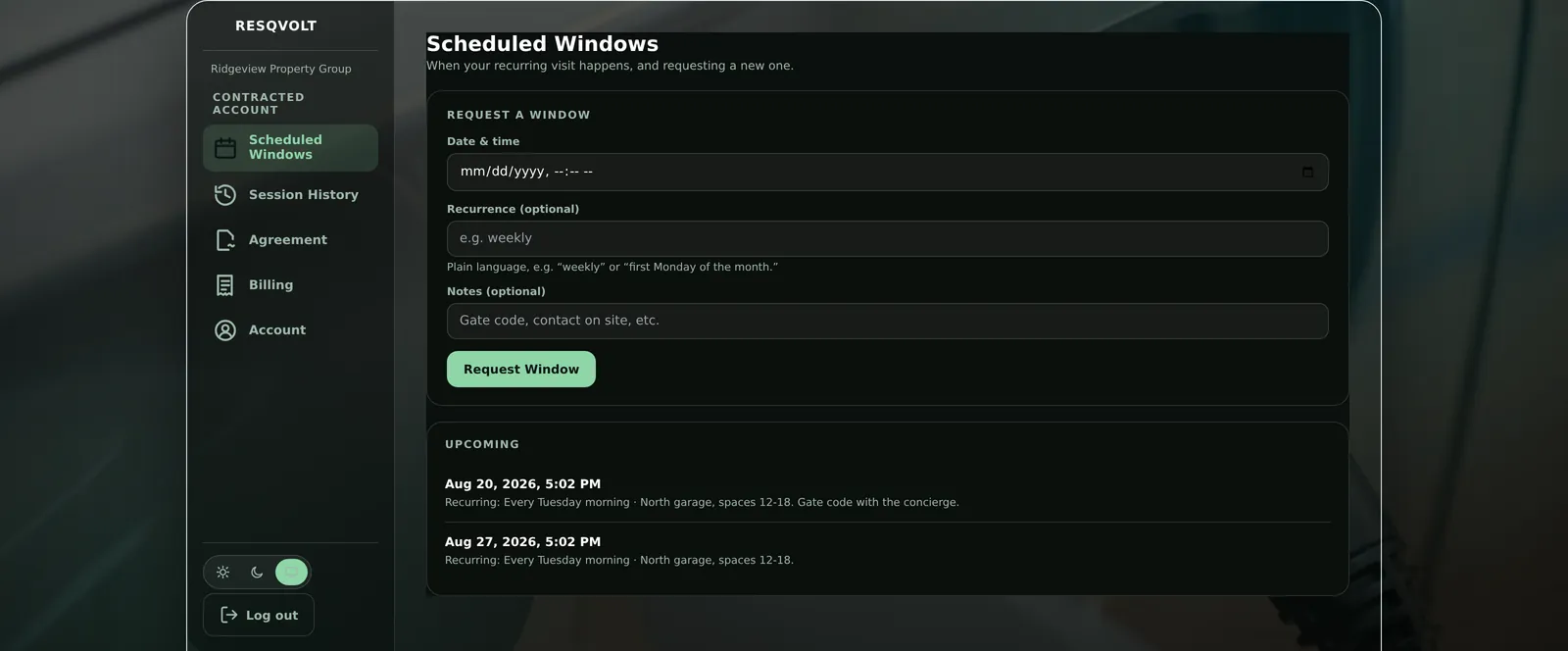 The business portal scheduled-windows screen: a form to request a date and time with recurrence and site notes, and a list of upcoming recurring windows