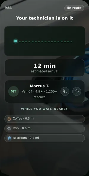 A preview of the en-route screen, shown with example data: your technician is on it, 12 minutes estimated arrival, Marcus T. in Van 04, and a short list of places to wait nearby.
