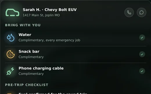 A preview of a technician's Bring with you list for one job, shown with example data: water, a snack bar and a phone charging cable, each marked complimentary, above the pre-trip checklist.