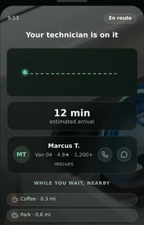 A preview of the customer's en-route screen, shown with example data: a live map, a 12 minute arrival estimate, the technician's name and van, and a coffee shop 0.3 miles away to wait at.