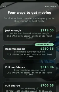 A preview of a quote screen, shown with example data: four priced options, Just enough at $219.53, Recommended at $250.35, Full confidence at $313.04 and Full charge at $706.58, each with its kWh, added range and time on site.